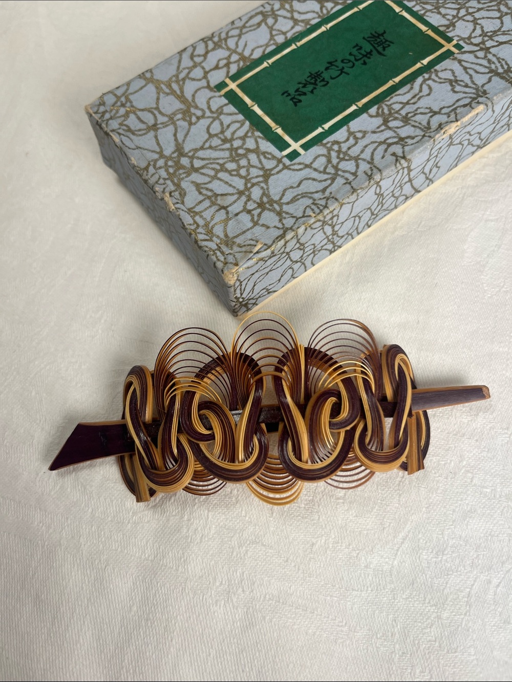 Vintage Japanese Brown & Tan Woven Bamboo Hair Barrette